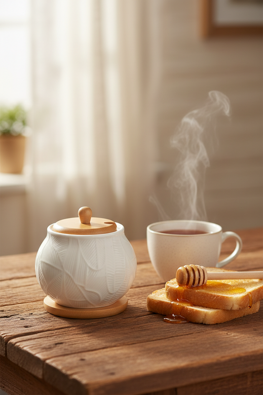 Sogno D' Oro White Porcelain Honey Jar and Dripper On a Bamboo Base SD24191