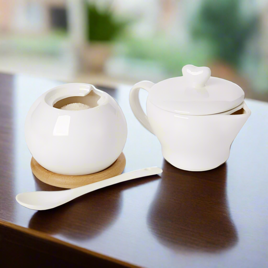 Sogno D' Oro White Porcelain Creamer and Sugar Holder in One with Spoon on Wood Base #SD191080-1