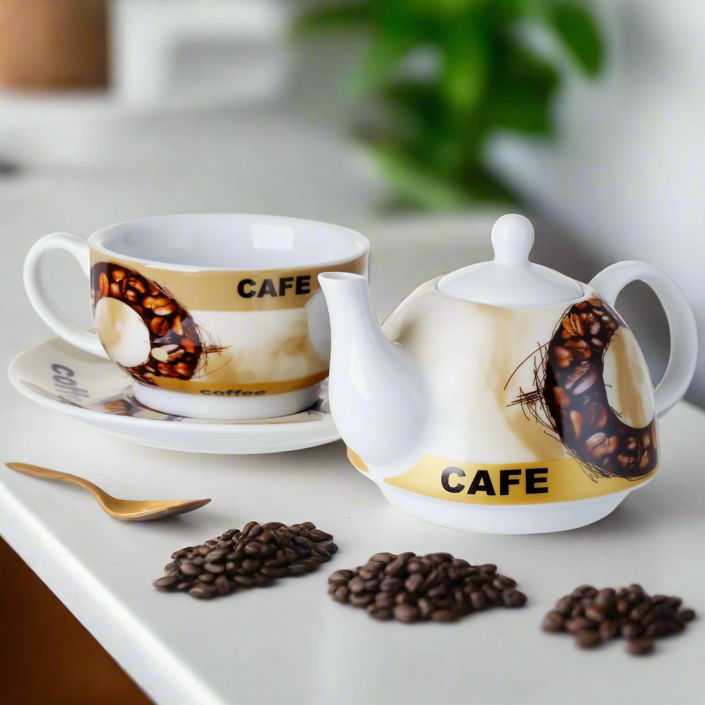 Tetera o cafetera de porcelana con taza y platillo #RL10063-24