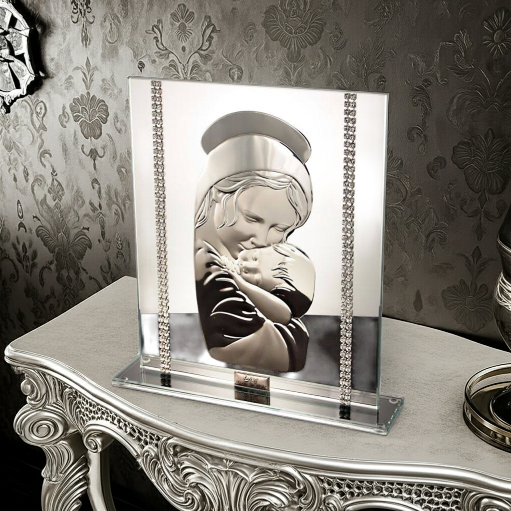 Madonna italiana de plata 925 c. Ícono de niño Cristales de Swarovski #20924