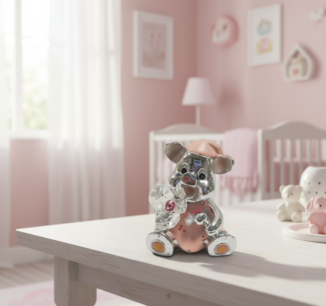 Pink Baby Pig Silver w. Bomboniera per bambini con fiore di cristallo # 12612