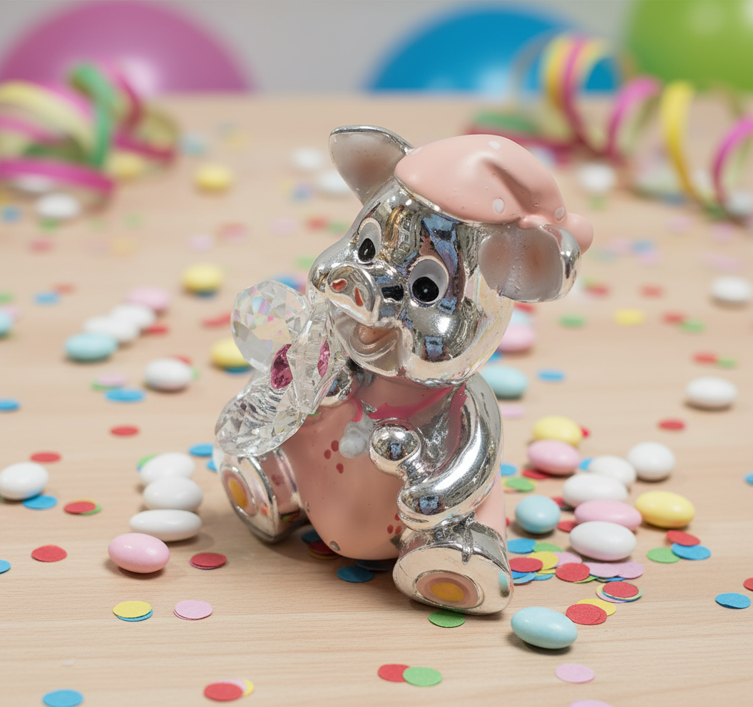 Pink Baby Pig Silver w. Bomboniera per bambini con fiore di cristallo # 12612
