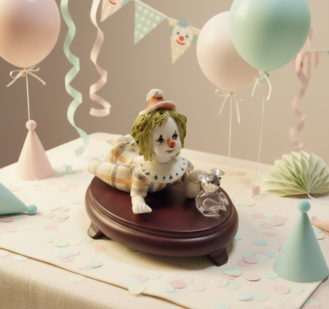 Baby Clown in porcellana assortita con orsacchiotto di cristallo su figurine in legno di ciliegio # D960