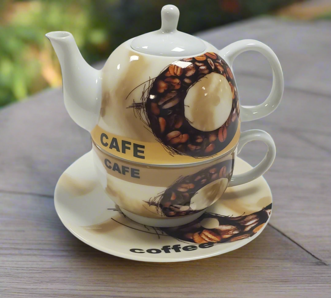 Tetera o cafetera de porcelana con taza y platillo #RL10063-24