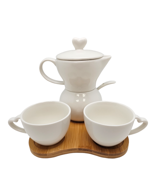 Sogno D' Oro White Porcelain Sugar And Creamer - with 2 Espresso Cups Set On Bamboo Tray #SD191081