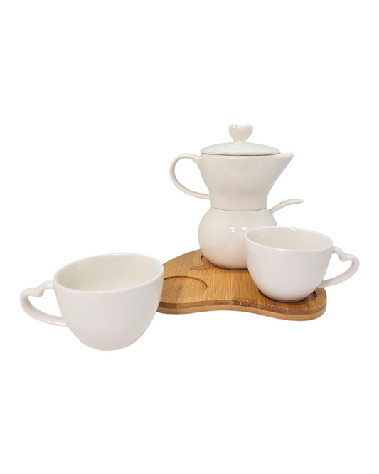 Sogno D' Oro White Porcelain Sugar And Creamer - with 2 Espresso Cups Set On Bamboo Tray #SD191081