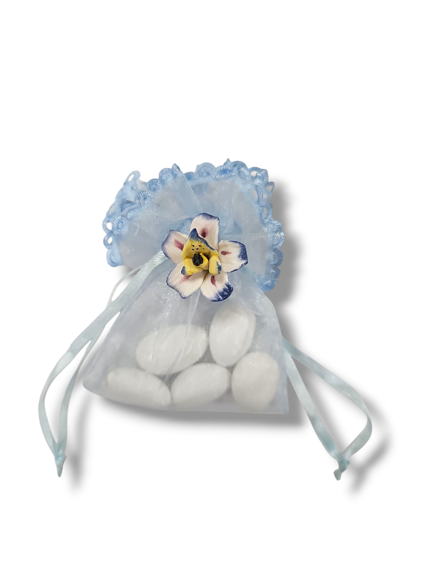 Bolsas de organza de 3x4 color marfil, azul o rosa con detalle de encaje 12 piezas por bolsa #61210