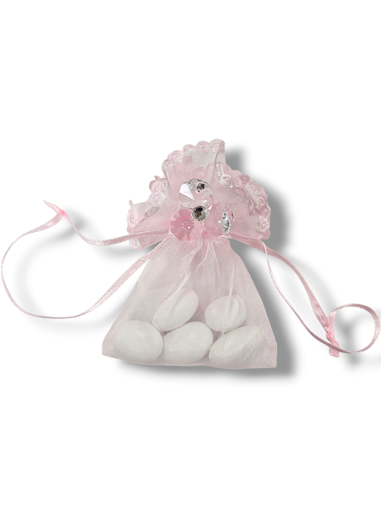 Bolsas de organza de 3x4 color marfil, azul o rosa con detalle de encaje 12 piezas por bolsa #61210