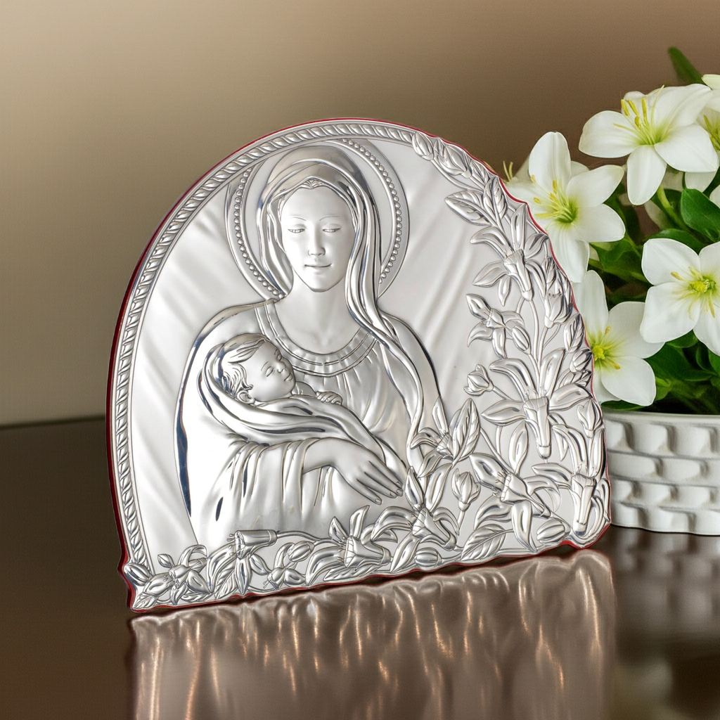 Vergine Maria con Bambino Targa in argento 925 italiana n. 1961