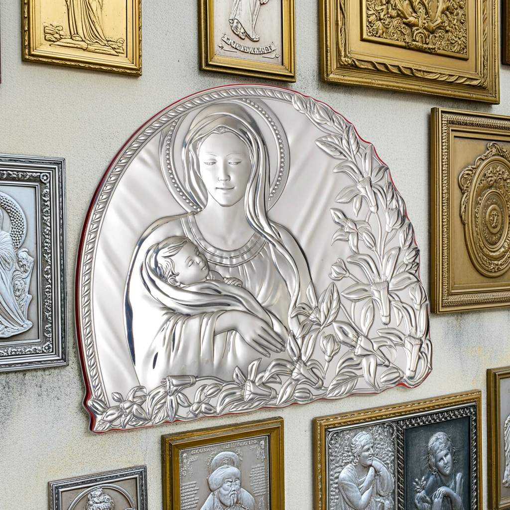 Virgen María W. Niño Italiano 925 Argento Placa para Pared o Mesa #1963