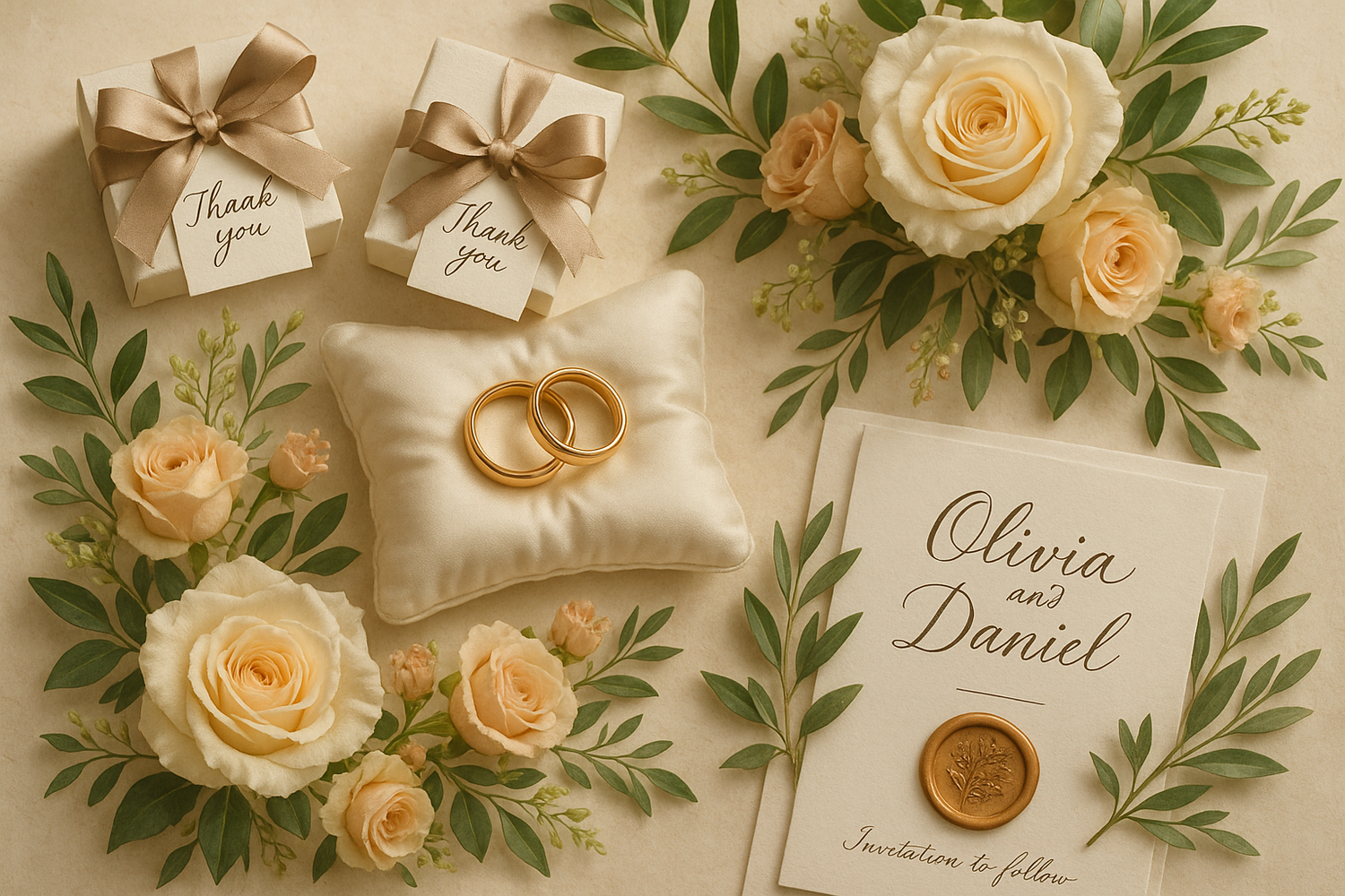 A beautiful wedding collage featuring elegant wedding elements arranged artistically, including gift box favors with ribbons, gold wedding rings on a silk cushion, romantic flower arrangements with roses and olive branches, and elegant invitations with calligraphy and wax seals