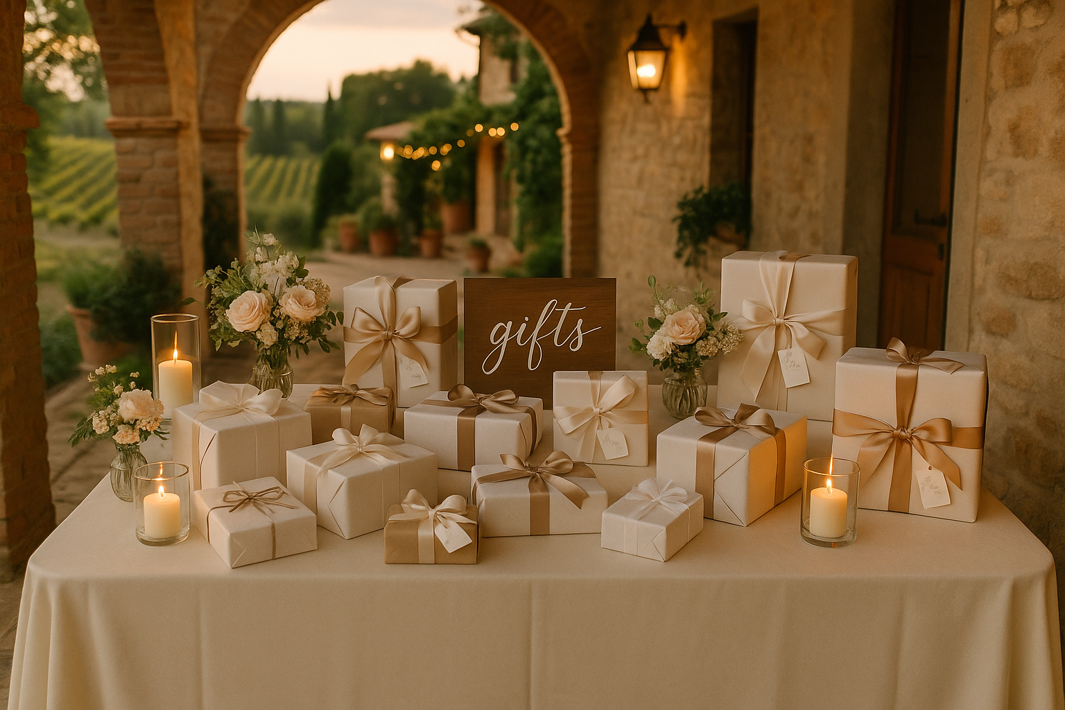 An elegantly decorated table full of beautifully wrapped wedding gifts at an Italian-style reception, featuring presents of various sizes with ribbons and bows on a cream tablecloth, adorned with floral arrangements and candles