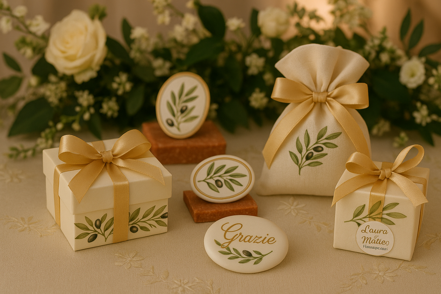 Elegant wedding favors arranged on a decorated table with Italian-inspired design elements, including personalized gift boxes, trinkets, and favor bags with ribbons in a romantic setting