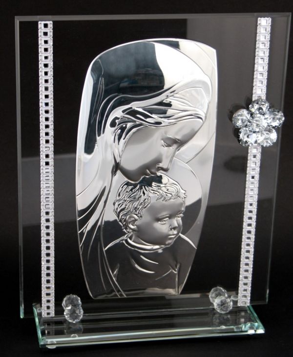 Italiana 925 Plata Argento Madonna w. Icono de niño w. Flor de cristal Swarovski #19873