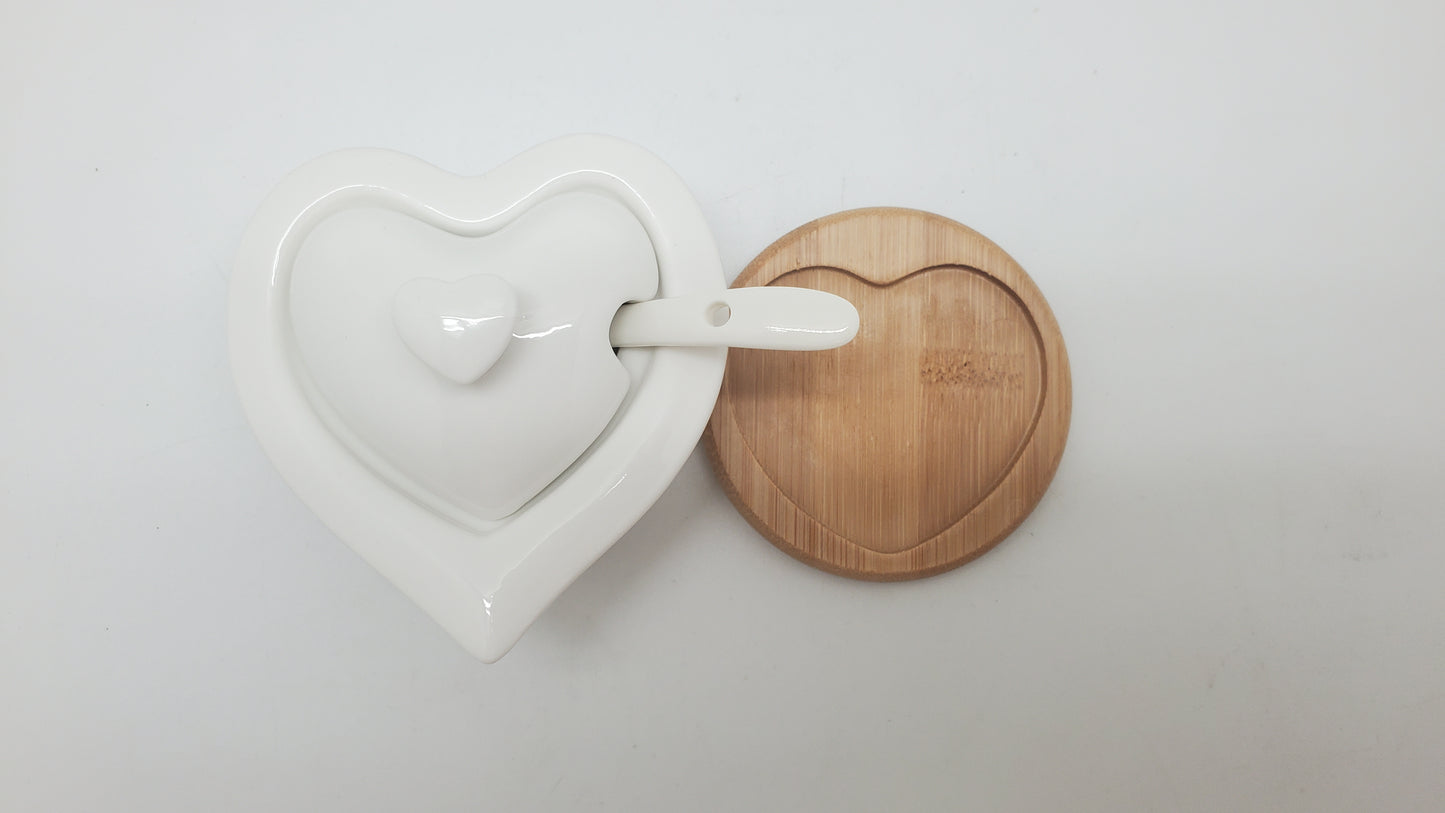 Debora Carlucci White Heart Shaped Sugar Holder On Wood Base #DC4560