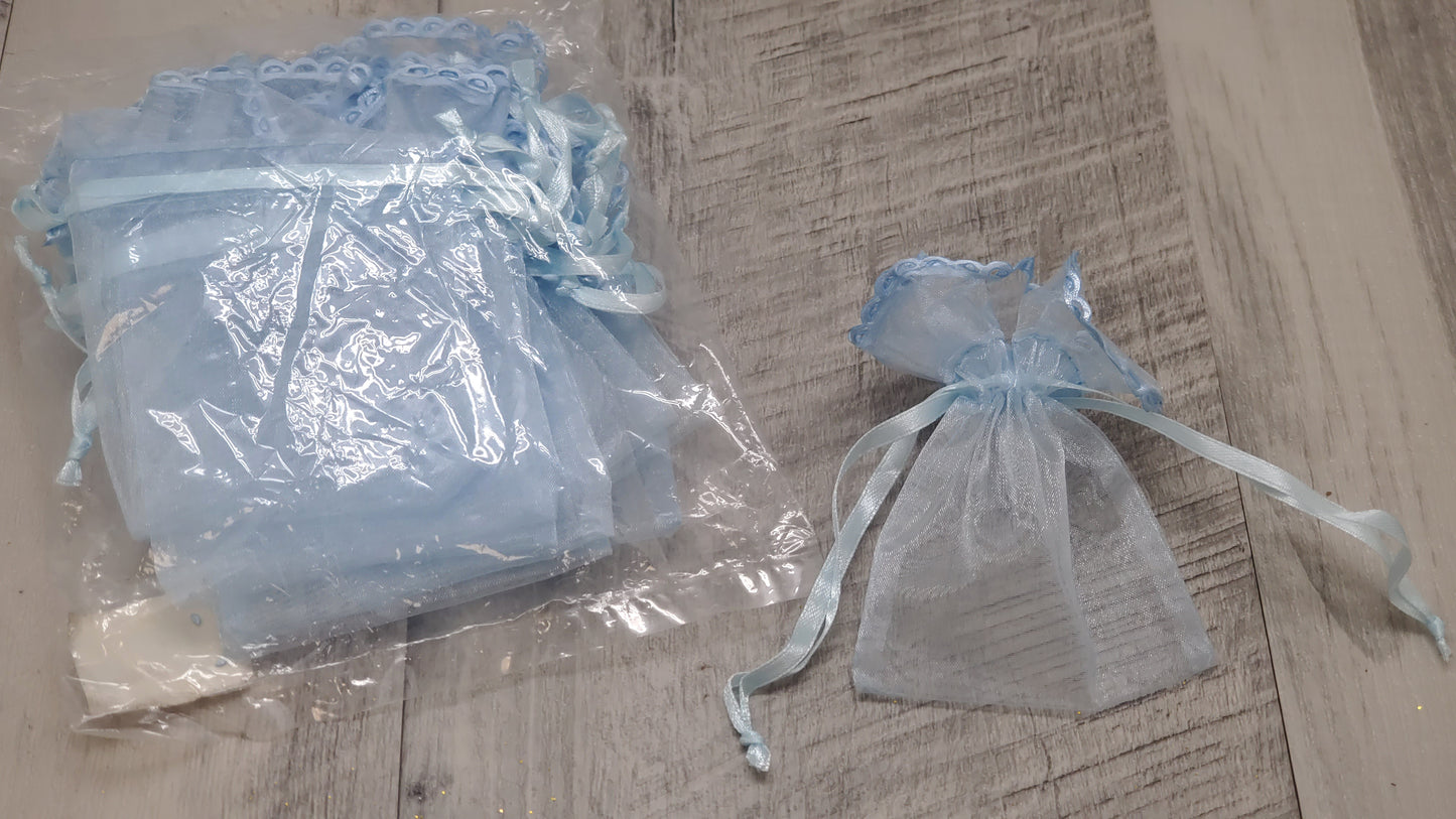 Bolsas de organza de 3x4 color marfil, azul o rosa con detalle de encaje 12 piezas por bolsa #61210