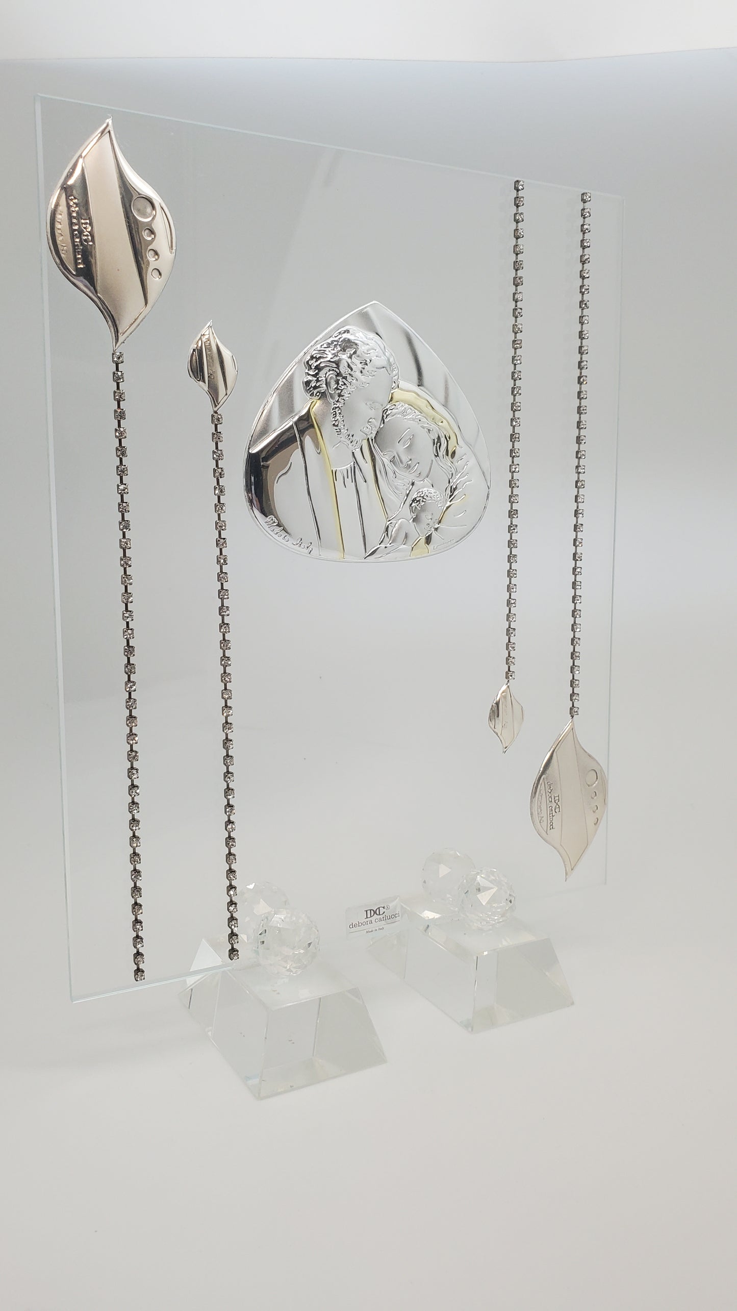 Icona da tavolo della Sacra Famiglia in argento 925 argento italiano adornata con cristalli Swarovski # 452K