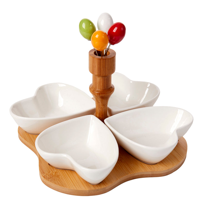 Debora Carlucci Plato para servir de 4 secciones de porcelana blanca y base de bambú #4555