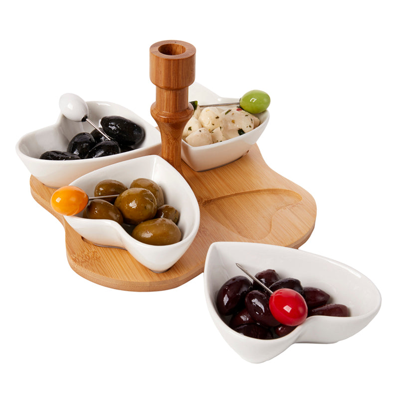 Debora Carlucci Plato para servir de 4 secciones de porcelana blanca y base de bambú #4555