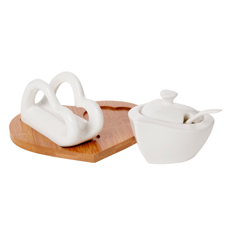 Debora Carlucci Juego de servilletas de porcelana blanca y azucarero sobre base de bambú #DC4561
