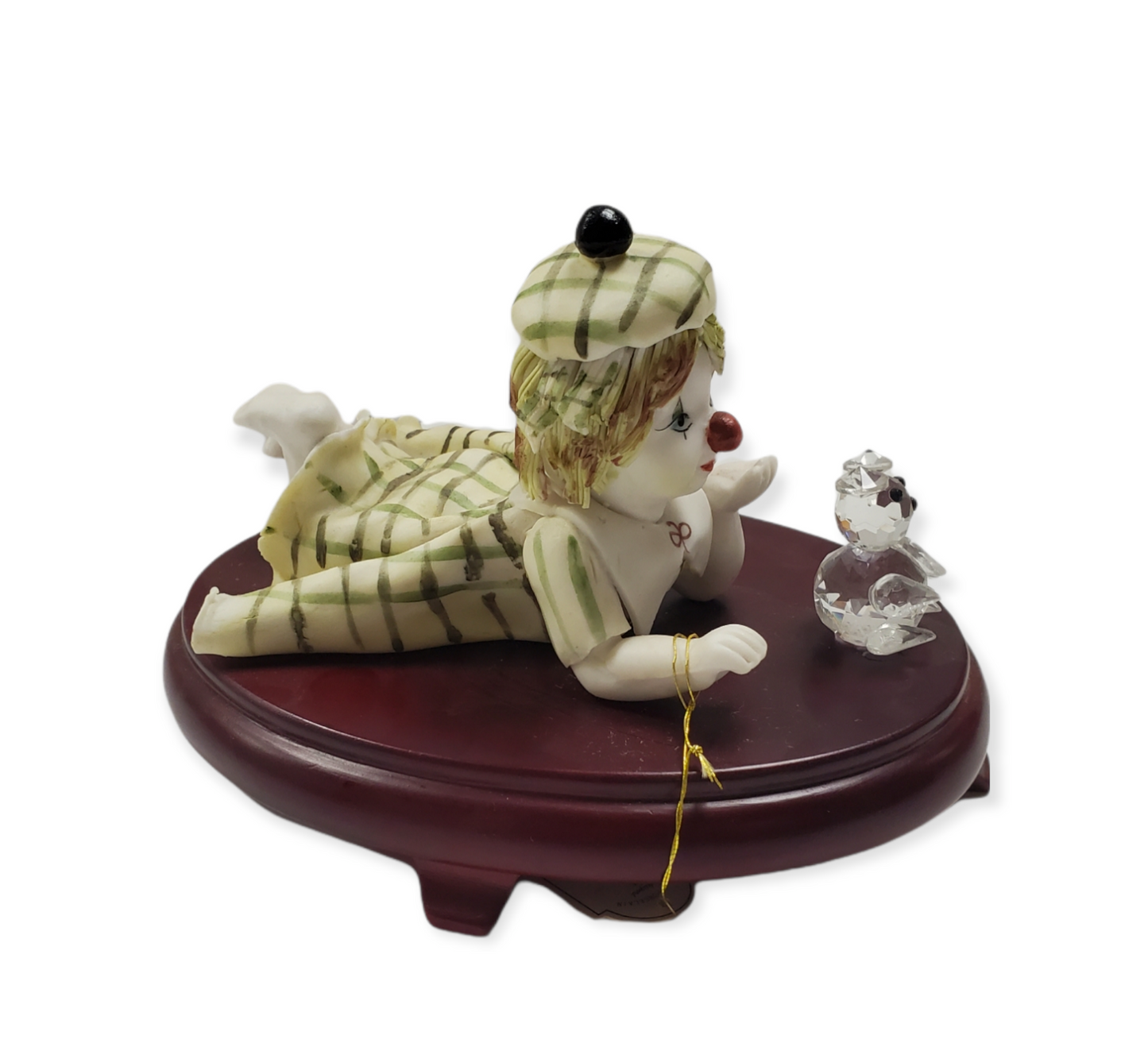 Assorted Porcelain Baby Clown W/ Crystal Teddy Bear on Cherry Wood Figurines # D960