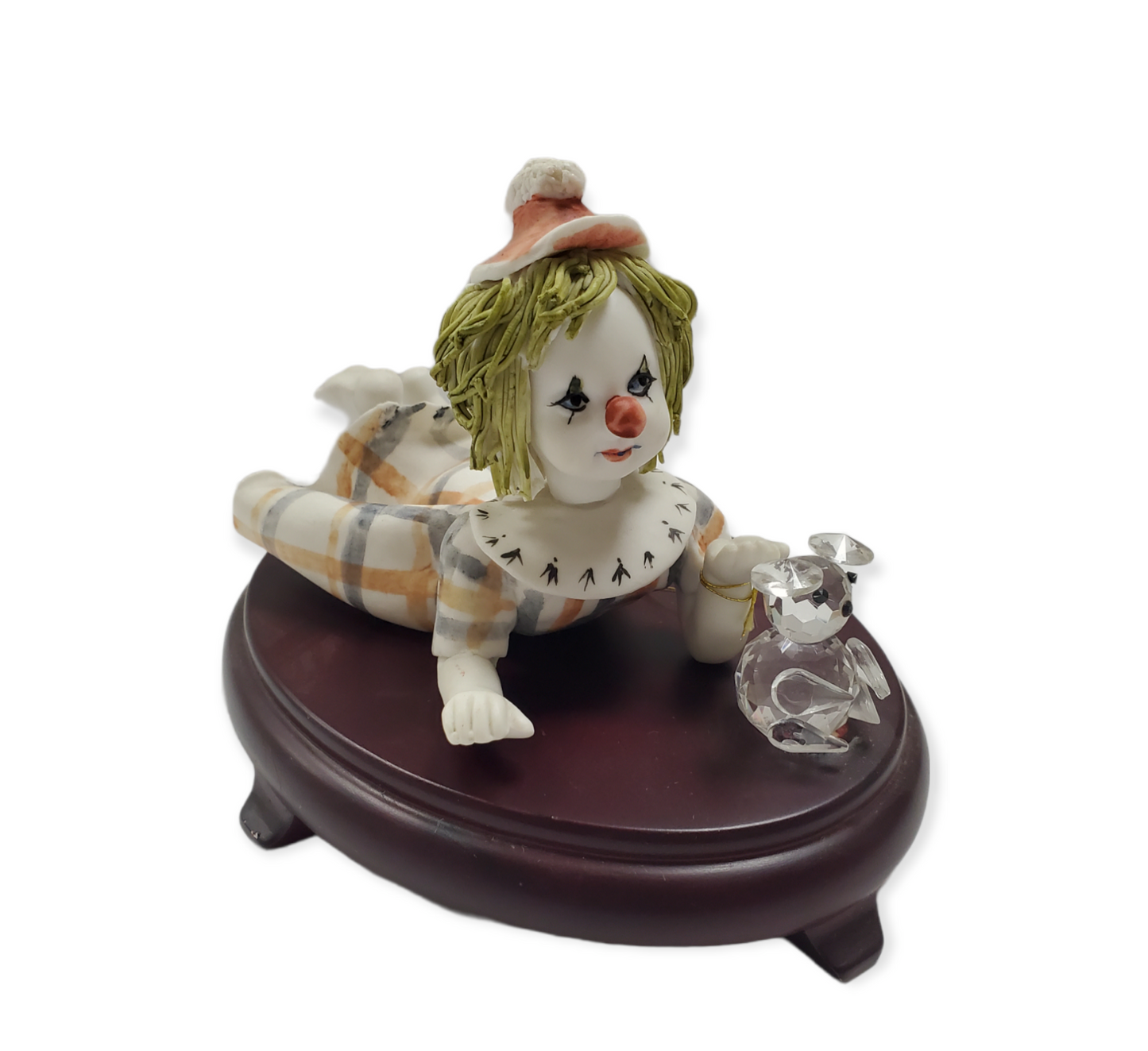 Assorted Porcelain Baby Clown W/ Crystal Teddy Bear on Cherry Wood Figurines # D960