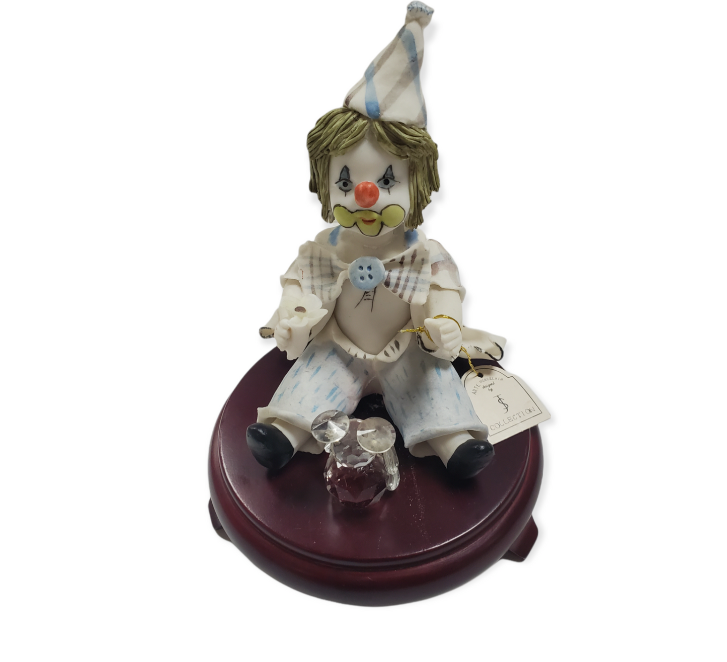 Assorted Porcelain Baby Clown W/ Crystal Teddy Bear on Cherry Wood Figurines # D960