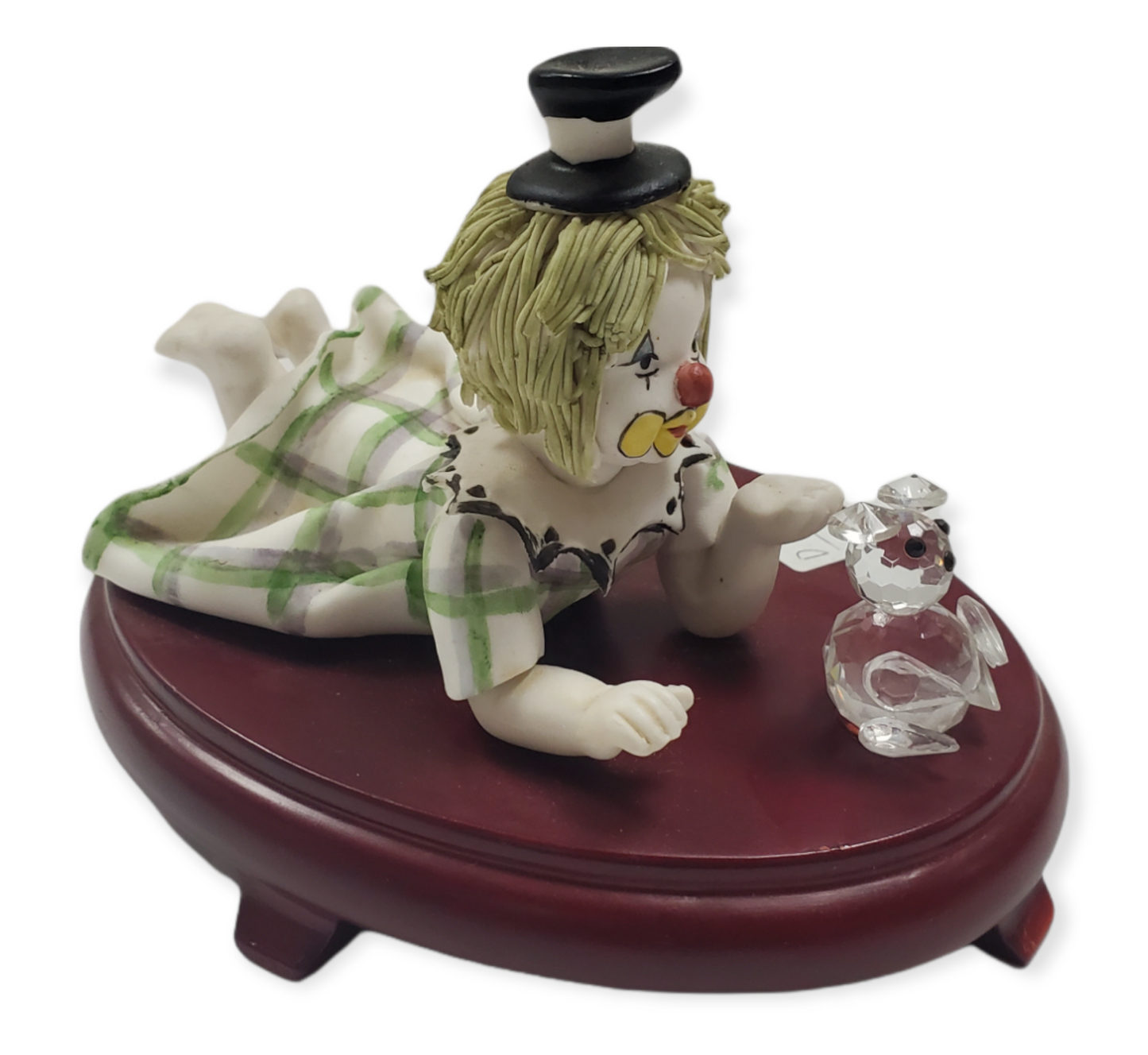 Assorted Porcelain Baby Clown W/ Crystal Teddy Bear on Cherry Wood Figurines # D960