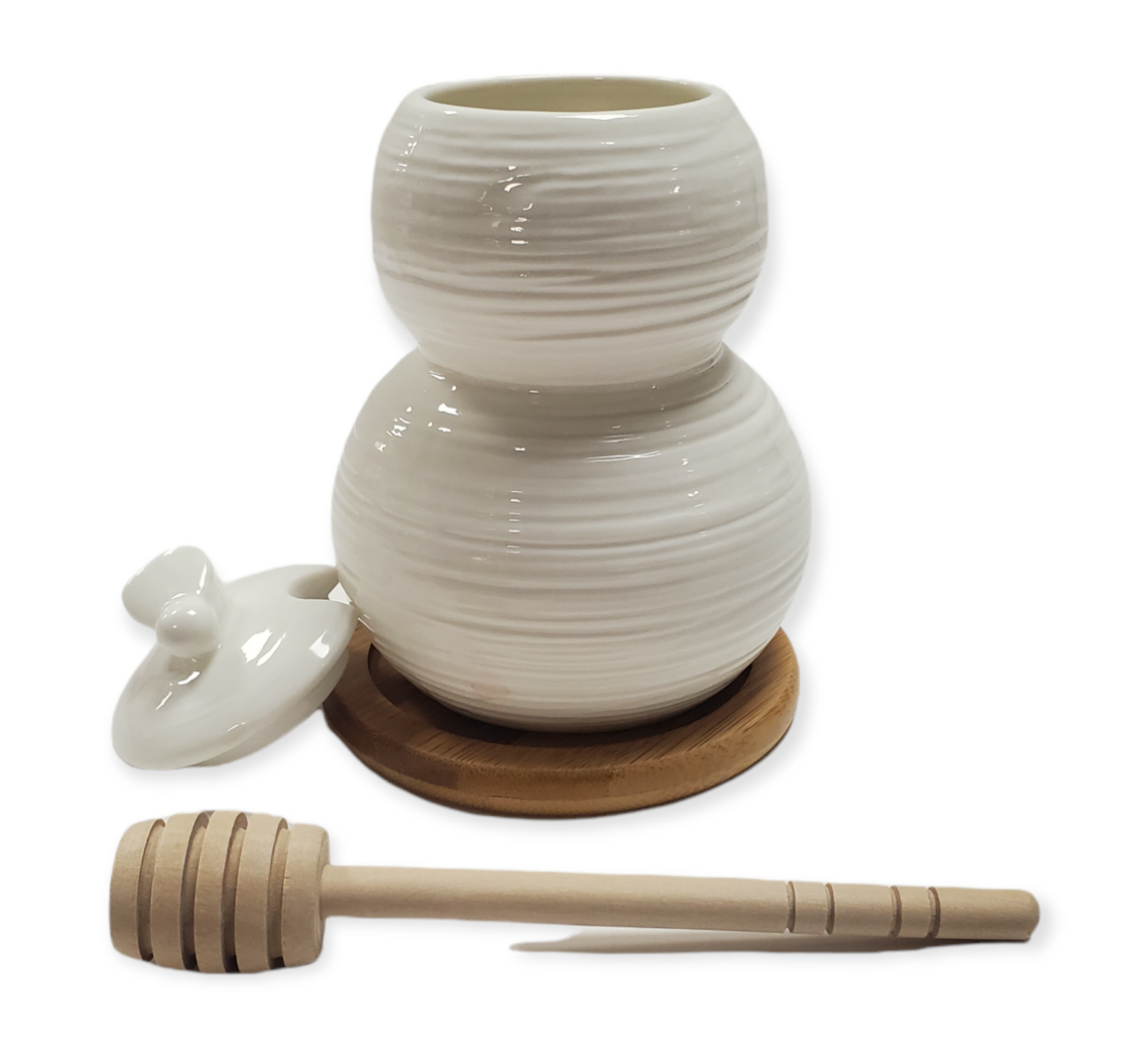 Debora Carlucci Tarro de Miel de Porcelana Blanca y Goteador Sobre Base de Bambú DC4559