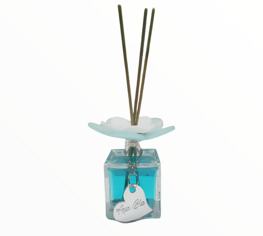 Debora Carlucci Square Reed Diffuser Bottle w/ Aqua Blue Scent and Vibrant Flower Top 3.5 oz. #DC5802