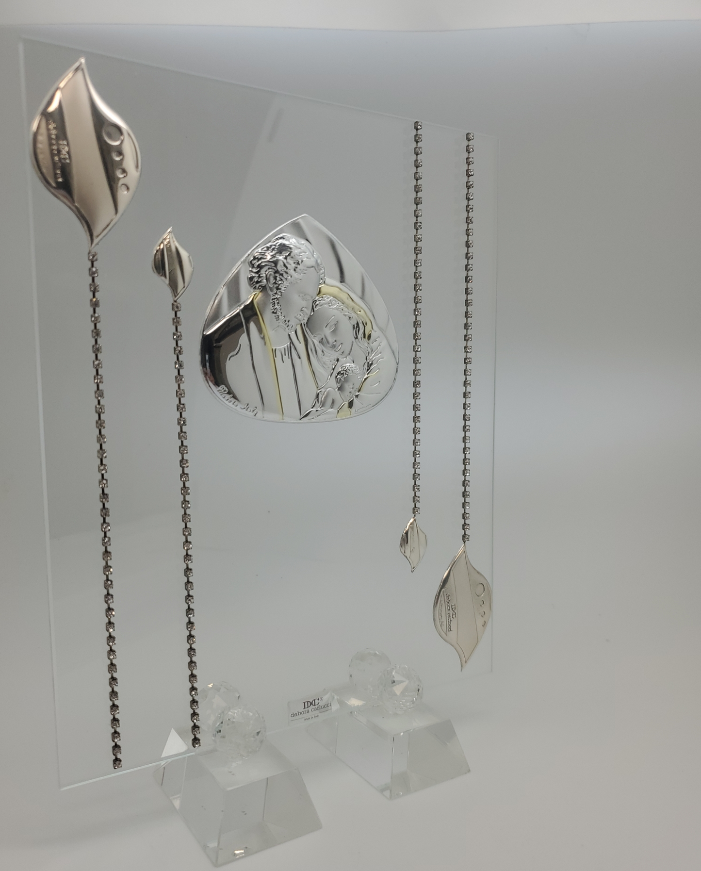 Icona da tavolo della Sacra Famiglia in argento 925 argento italiano adornata con cristalli Swarovski # 452K
