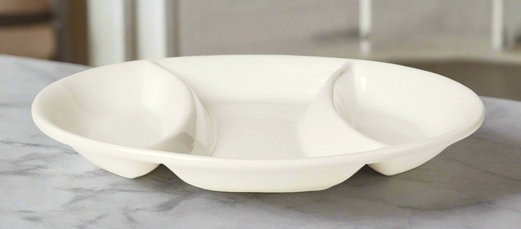 Cucina Italiana Vassoio da portata ovale per antipasti in ceramica a 3 sezioni in bianco # 0041-W