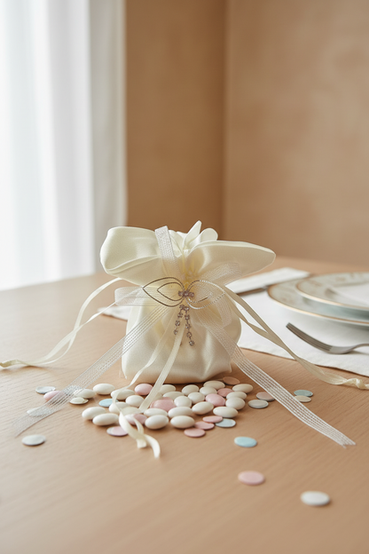 PO1102-I Satin Ivory Confetti Pouch w. Rhinestone Pendant 12 pcs P/Bag