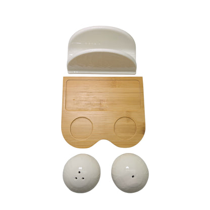Sogno D' Oro White Porcelain Napkin And Salt & Pepper Set On Bamboo Base #SD24773