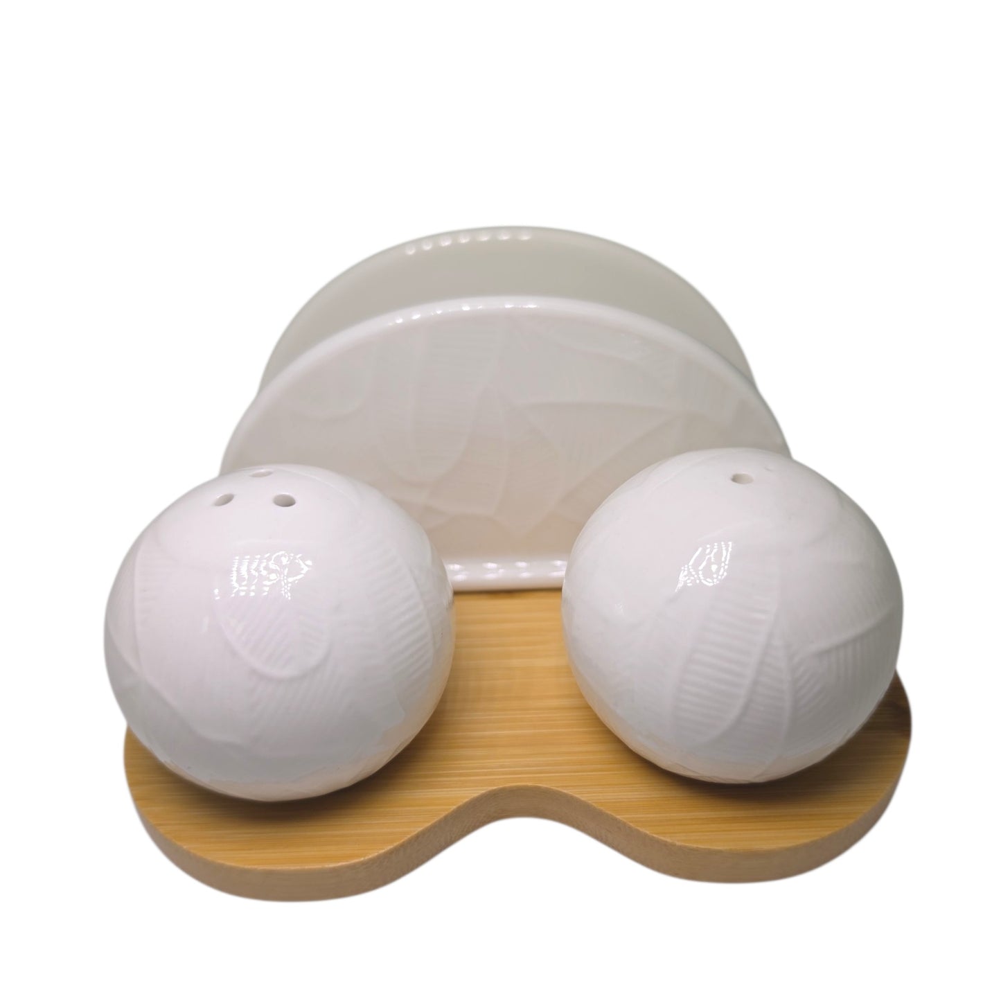 Sogno D' Oro White Porcelain Napkin And Salt & Pepper Set On Bamboo Base #SD24773