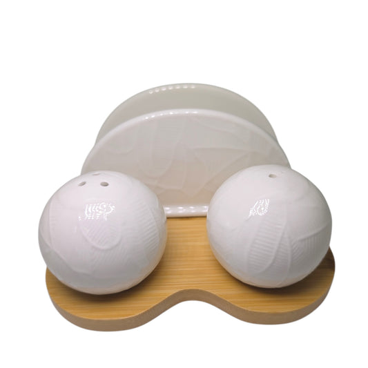 Sogno D' Oro White Porcelain Napkin And Salt & Pepper Set On Bamboo Base #SD24773