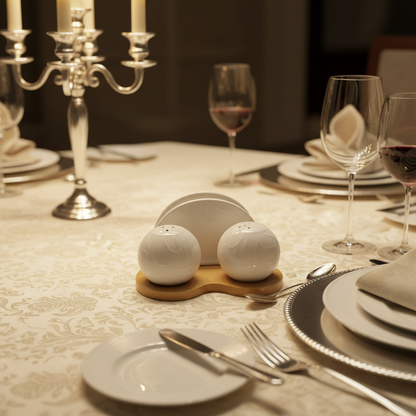Sogno D' Oro White Porcelain Napkin And Salt & Pepper Set On Bamboo Base #SD24773