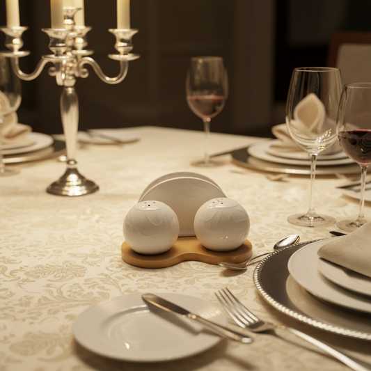Sogno D' Oro White Porcelain Napkin And Salt & Pepper Set On Bamboo Base #SD24773