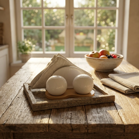 Sogno D' Oro White Porcelain Napkin And Salt & Pepper Set On Bamboo Base #SD24773