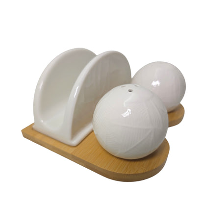 Sogno D' Oro White Porcelain Napkin And Salt & Pepper Set On Bamboo Base #SD24773