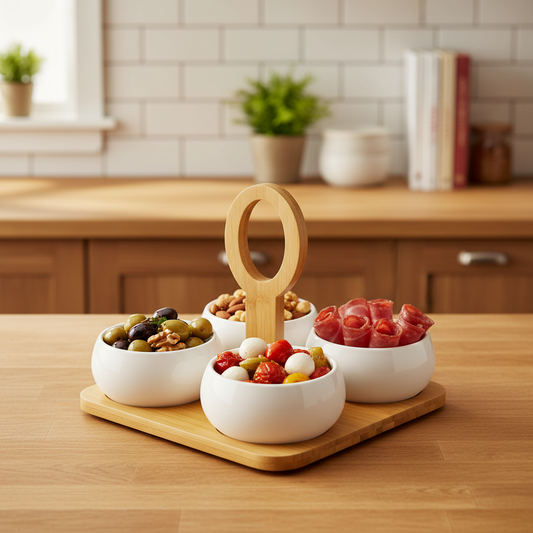 Sogno D' Oro 4 Section White Porcelain and Bamboo Base Serving Appetizer / Dressings #SD2410