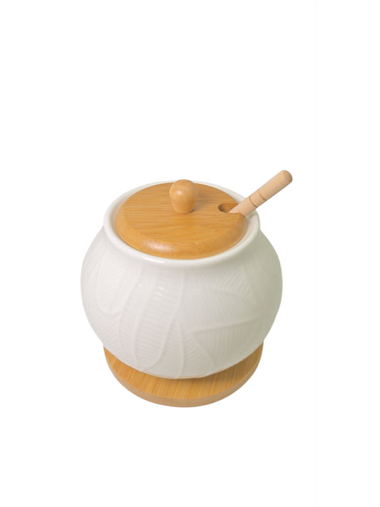 Sogno D' Oro White Porcelain Honey Jar and Dripper On a Bamboo Base SD24191
