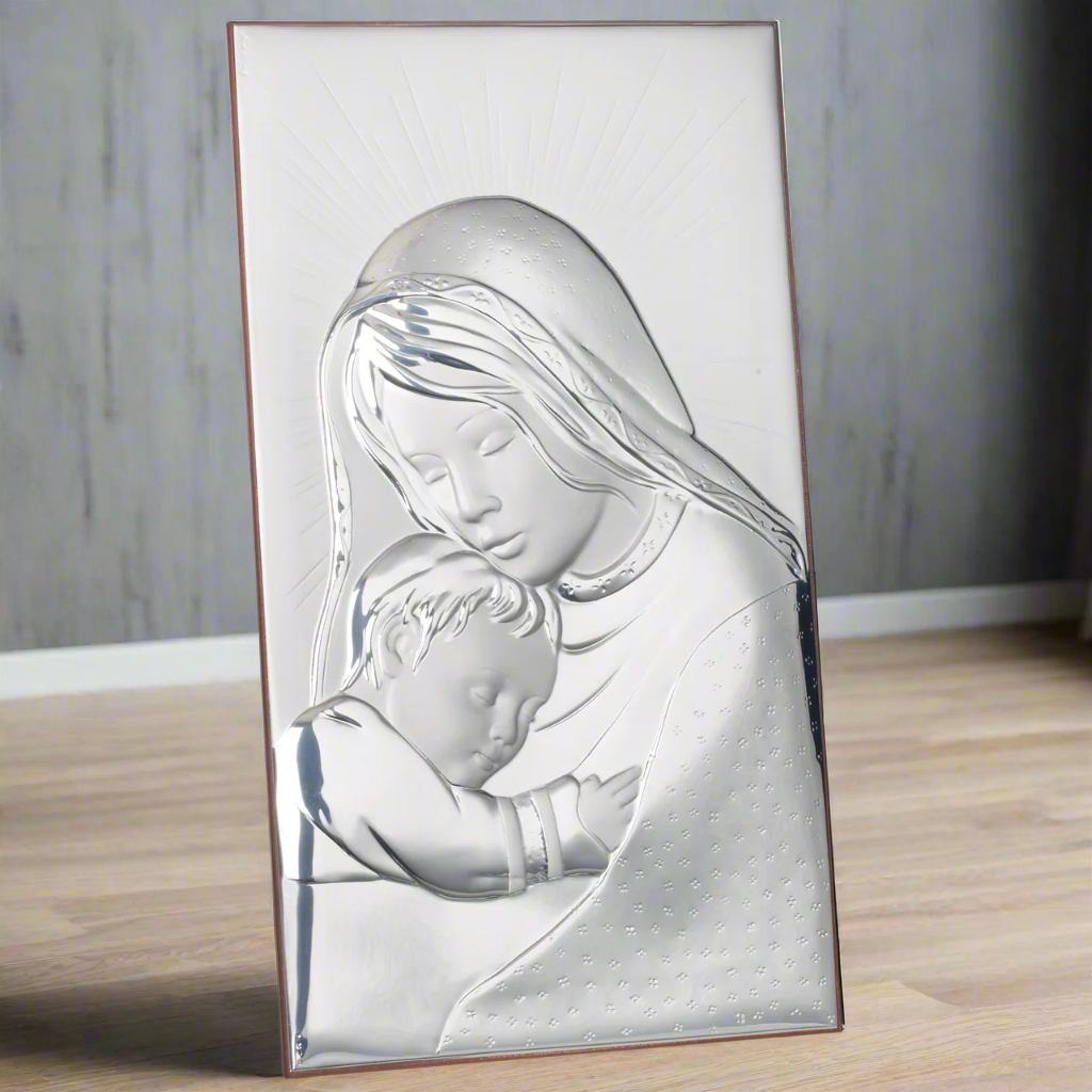 Placca da parete o da comò in argento 925 con madre e bambino # AG1991