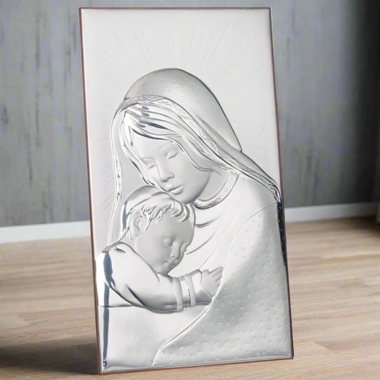 Placca da parete o da comò in argento 925 con madre e bambino # AG1991