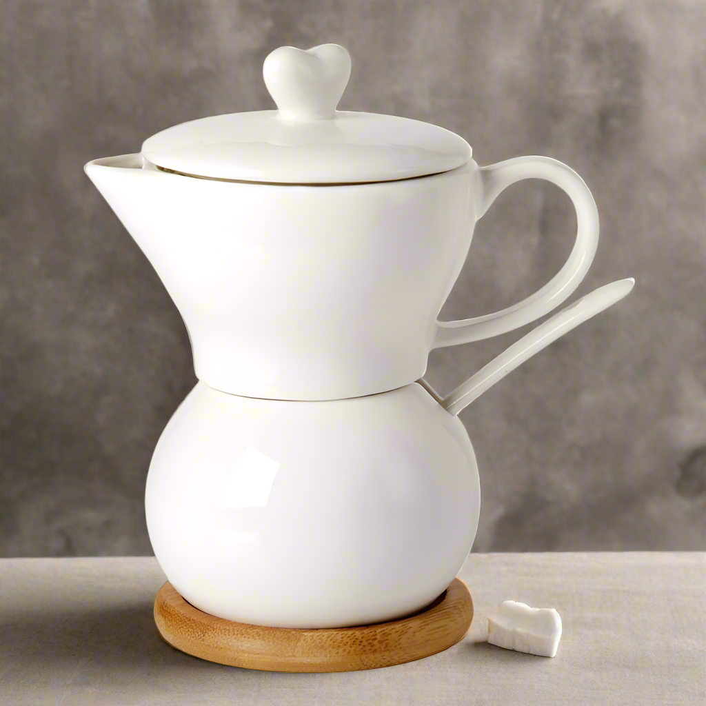 Sogno D' Oro White Porcelain Creamer and Sugar Holder in One with Spoon on Wood Base #SD191080-1