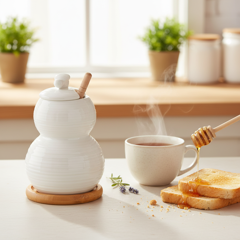 Debora Carlucci White Porcelain Honey Jar and Dripper On a Bamboo Base SD4559