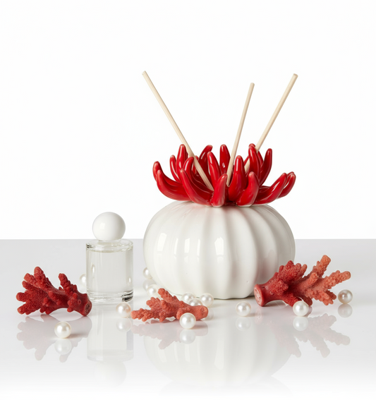 Debora Carlucci Red Coral Reed Diffuser W/ Frosted Porcelain Bottom #DC4989R
