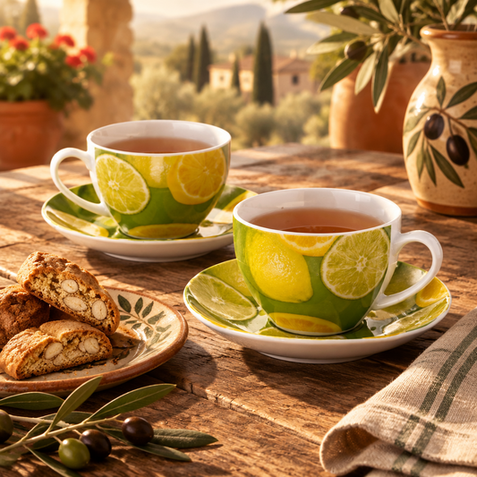 Set di 2 tazze da caffè e piattino in porcellana originale Cucina Italiana Decoro Limone #R10105-47