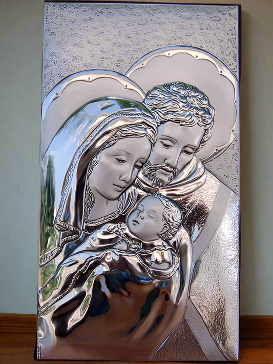 Sacra Famiglia Argento 925 Argento Italia Placca da parete o comò #1992