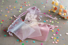 Load image into Gallery viewer, Ivory, Blue or Pink 3x4 Organza Bags with lace detail 12pc per bag #61210
